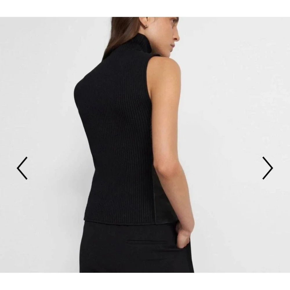 Sioni Milano Sweater Womens Small Black Knit Faux Leather Combo Sleeveless‎ Mock